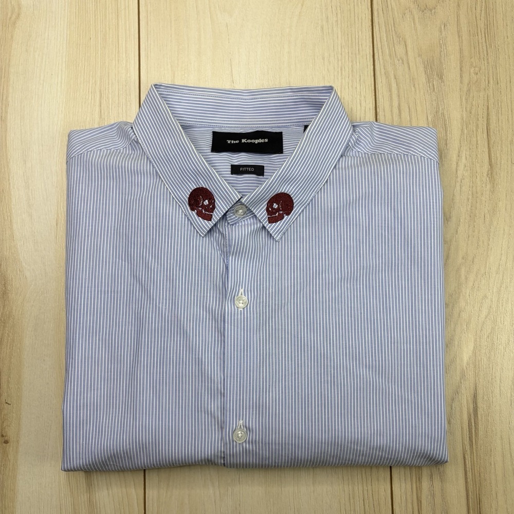 THE KOOPLES Striped Fitted Cotton Button Up Shirt Red Skeleton Embroidered Large